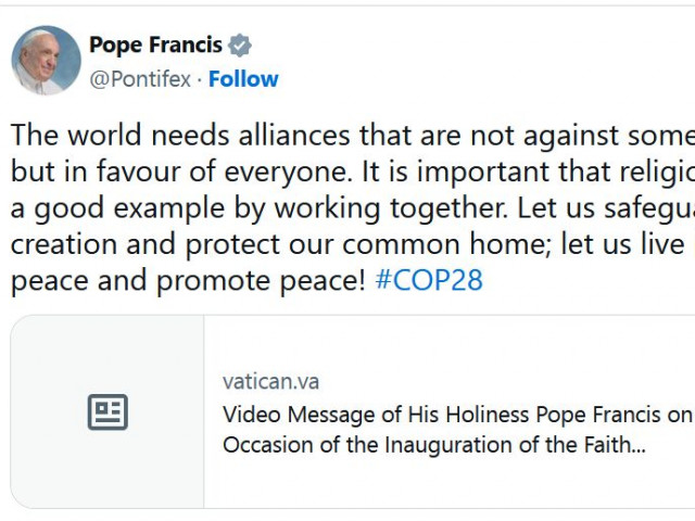 Папа Франциск към COP28: Светът се нуждае не от съюзи срещу някого, а в полза на всички